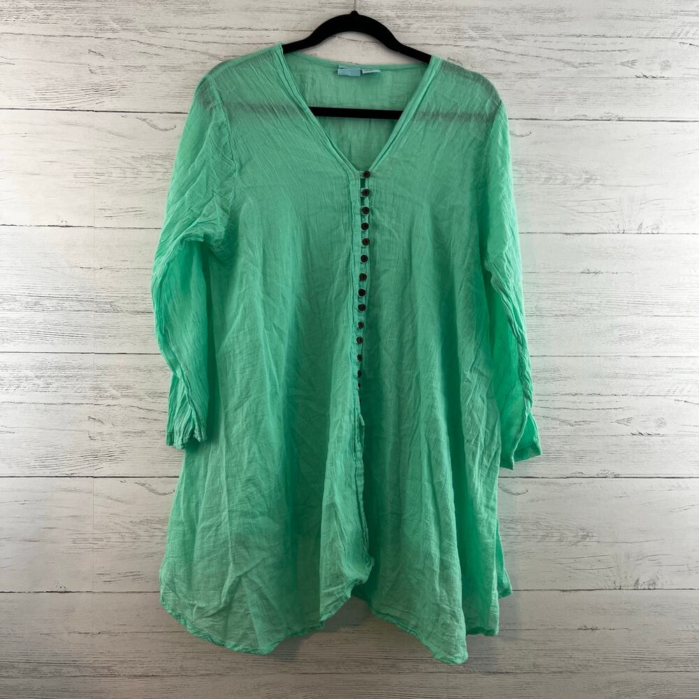 Indian Tropical Fashion Teal Cotton Long Sleeve Top Size L Flowy Beachy Coastal